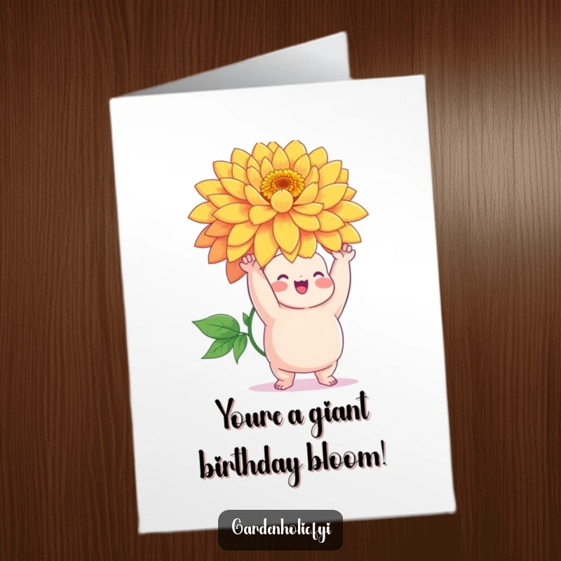 Funny Free Printable Birthday Card: Chubby character triumphantly holding a giant, vibrant flower, symbolizing joy and success.