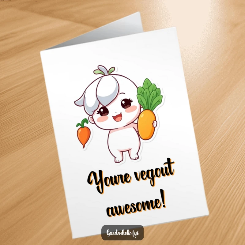 Funny free printable birthday card with a tiny proud character holding a perfect, shiny vegetable, celebrating a great harvest.