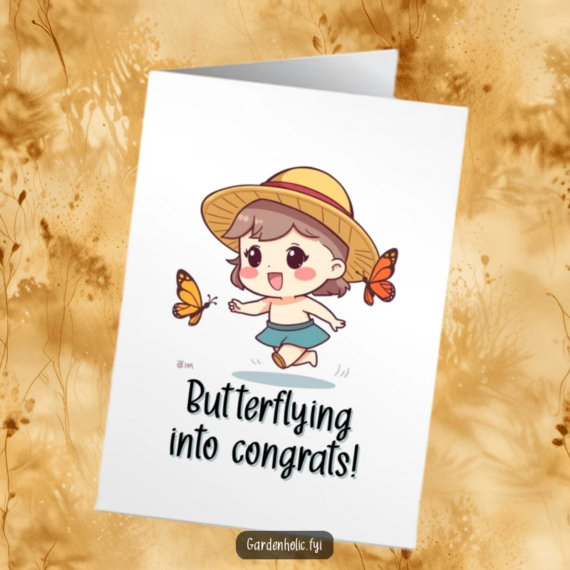 Funny Free Printable Congratulations Card showing a character in a straw hat excitedly chasing a butterfly, celebrating a happy pursuit.