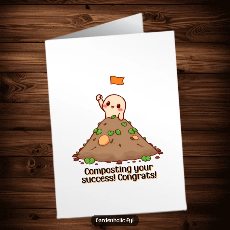 Funny Free Printable Congrats Card: Character waves a flag from atop a compost pile, celebrating a major achievement.
