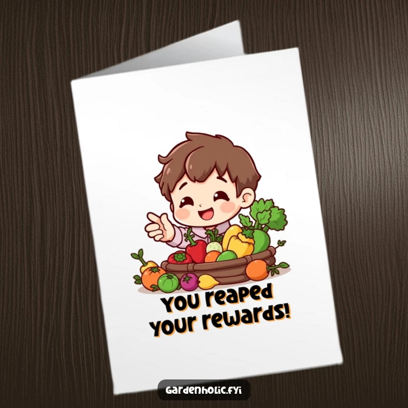 Funny Free Printable Congratulations Card: A character with a bright smile gestures towards a bountiful harvest of miniature vegetables, celebrating abundance.