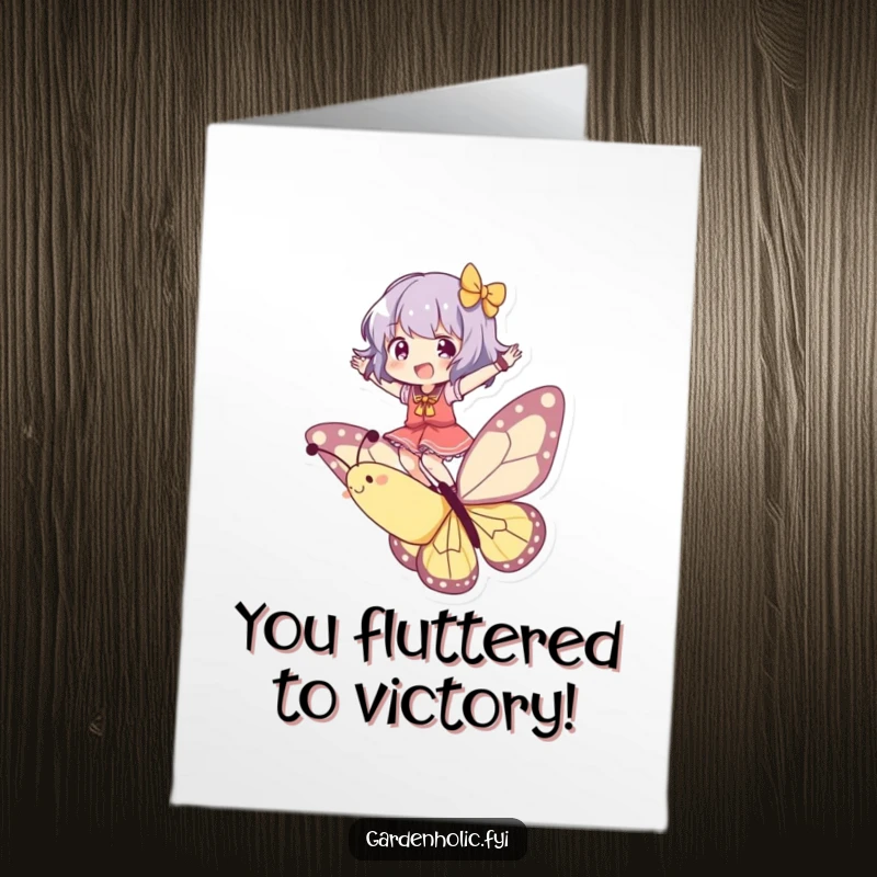 Funny Free Printable Congratulations Card with a character joyfully balancing on a playful butterfly, symbolizing success and freedom.