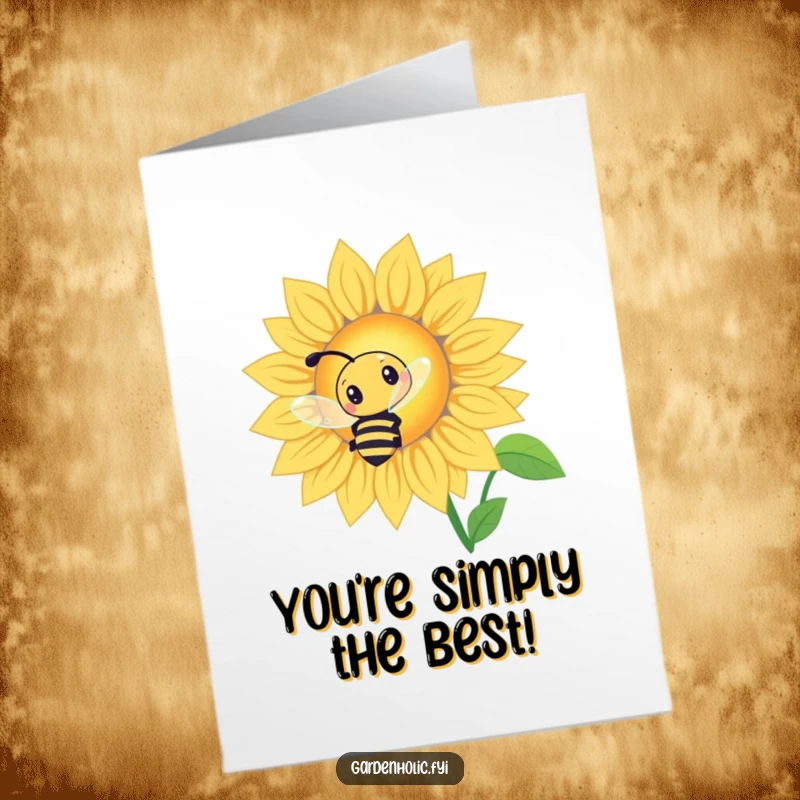 Funny Free Printable Congrats Card: Curious bee character buzzing around a radiant sunflower after success. DIY downloadable gift.