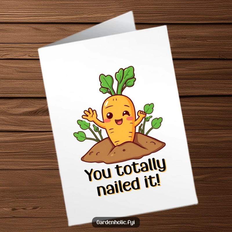 Funny Free Printable Congrats Card: Joyful carrot character waving enthusiastically from the soil in celebration. DIY downloadable gift.