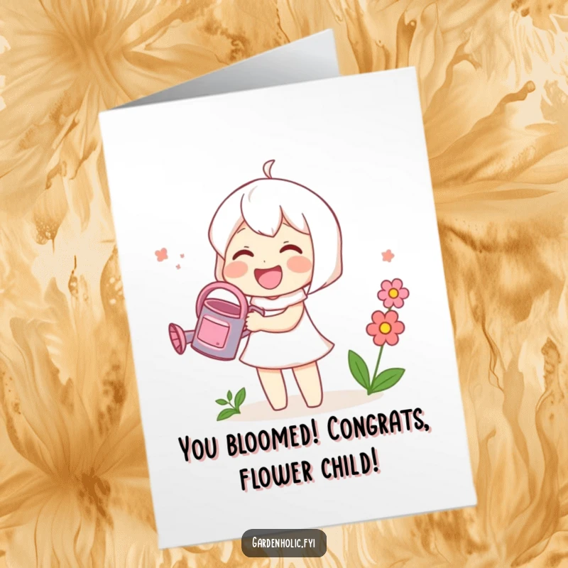 Funny Free Printable Congrats Card: Cute character joyfully watering a vibrant flower, symbolizing growth and success.