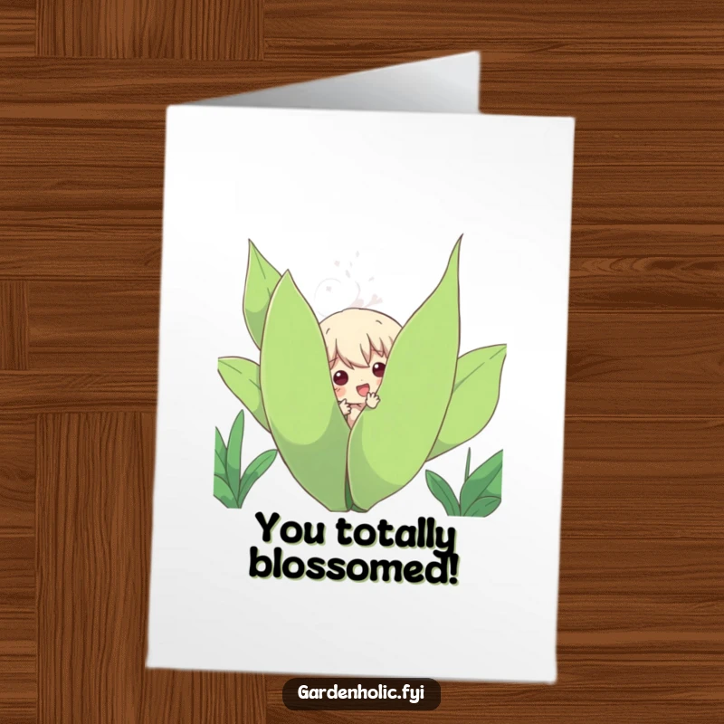 Funny Free Printable Congratulations Card featuring a character peeking from a leafy plant, perfect for celebrating any success.