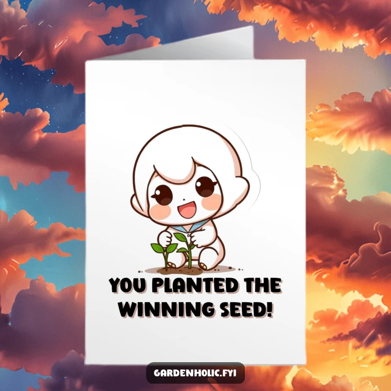 Funny Free Printable Congrats Card: Small character enthusiastically planting a tiny seed, representing the start of something great.