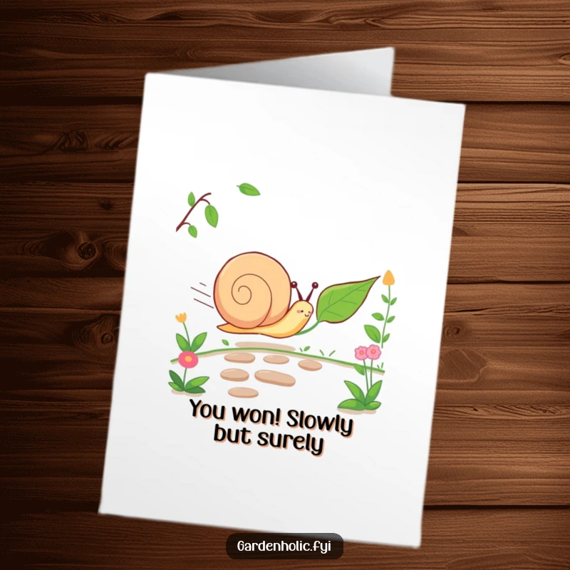 Funny Free Printable Congratulations Card: Cheerful snail character racing a slow leaf, celebrating a milestone with humor.