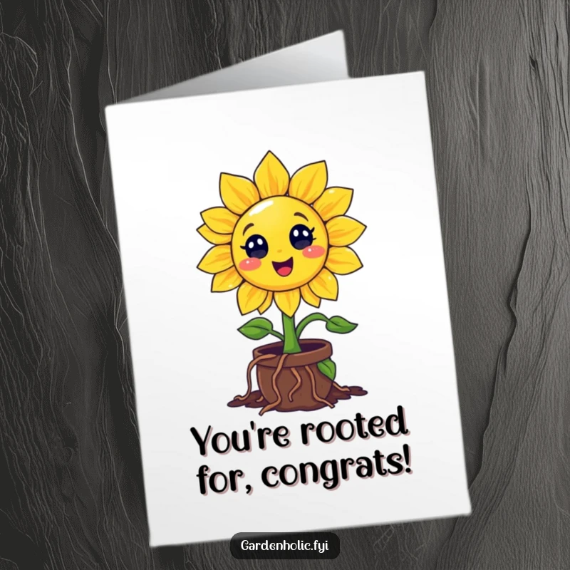 Funny Free Printable Congratulations Card: Smiling sunflower character with roots digging into a tiny pot, celebrating success.