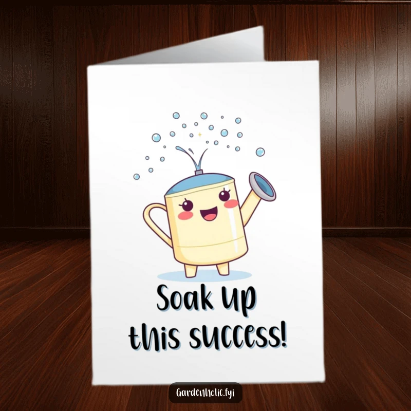 Funny Free Printable Congrats Card: Proud watering can character showering sparkling droplets, symbolizing achievement. DIY gift.