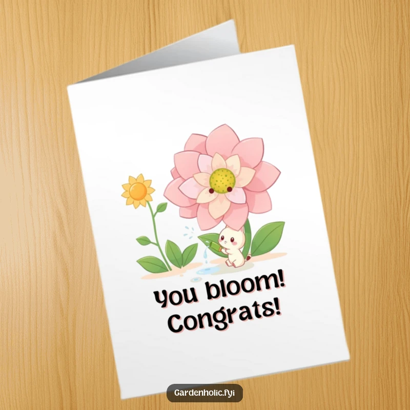 Funny Free Printable Congratulations Card: Small creature happily watering a giant, magnificent flower, symbolizing success.