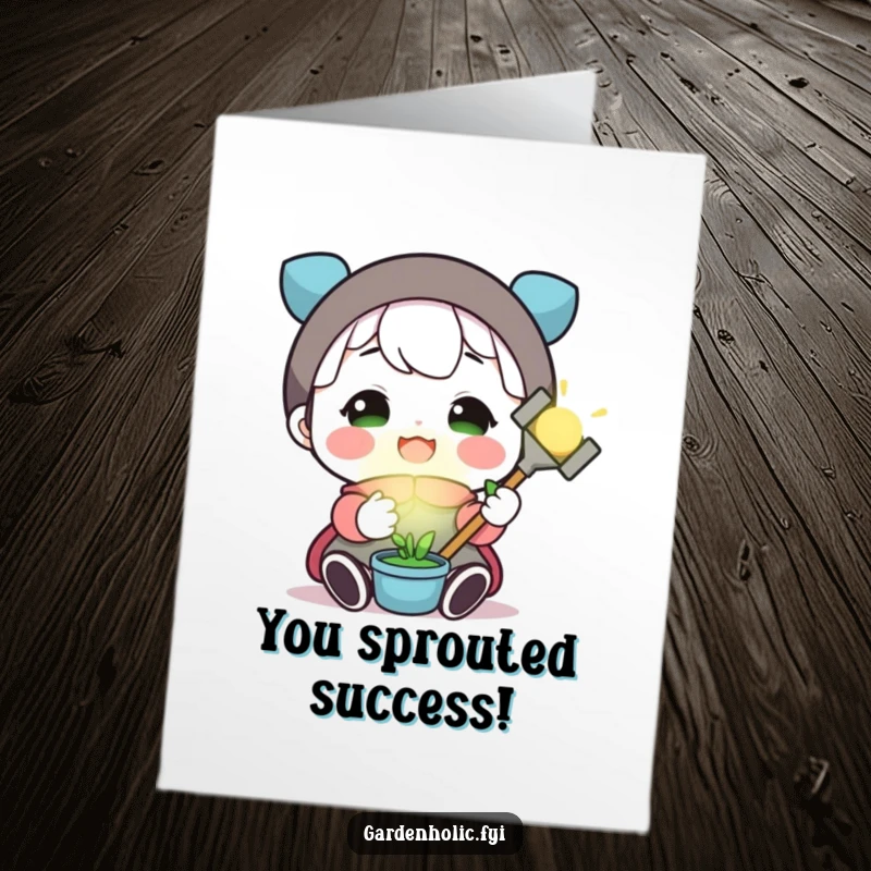 Funny free printable congratulations card: A beaming gnome gardener with a tiny glowing tool, celebrating your success with a smile.