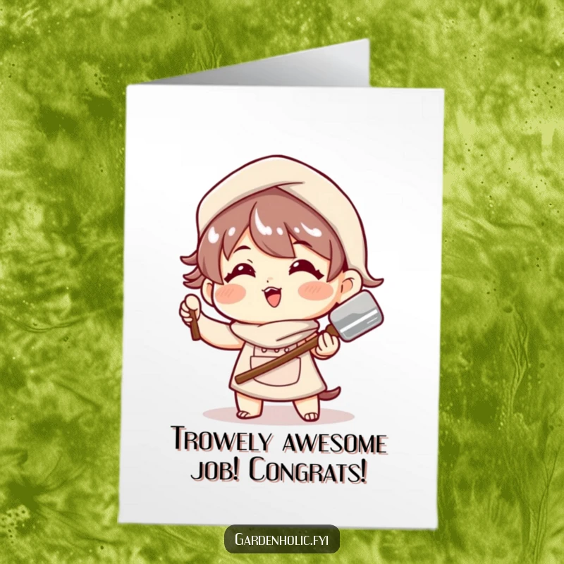 Funny Free Printable Congrats Card: Character strikes a dynamic pose with a shiny trowel, celebrating a job well done.