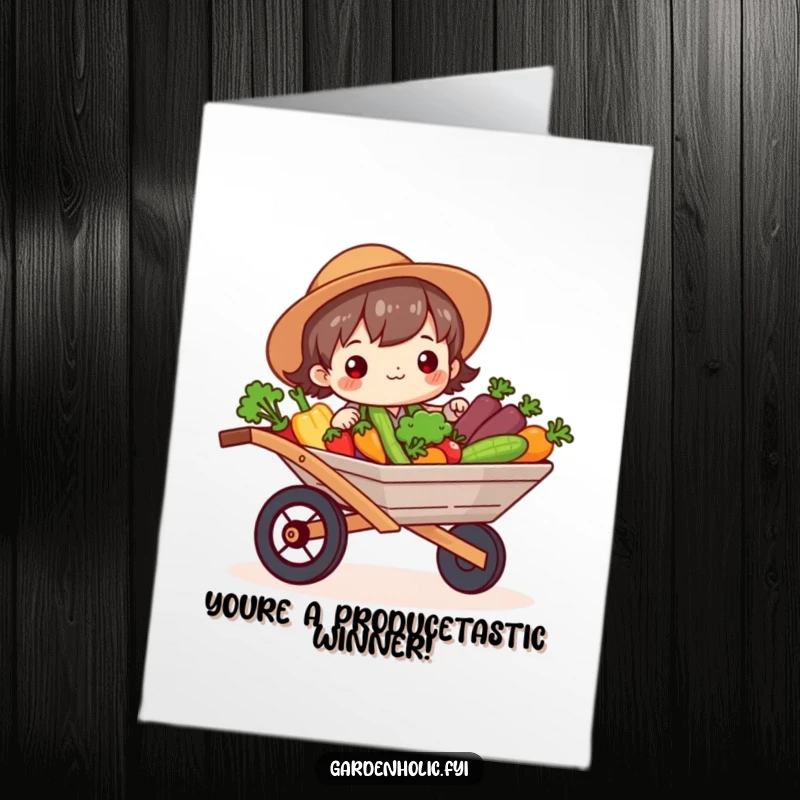Funny Free Printable Congrats Card: Cute character beaming, pushing a wheelbarrow overflowing with colorful vegetables in celebration.