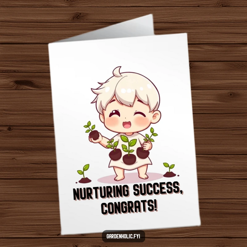 Funny Free Printable Congratulations Card showing a happy character expertly juggling three tiny seedlings with care.