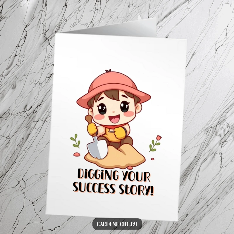 Funny free printable congratulations card showing a character enthusiastically digging with a small shovel, celebrating a fantastic discovery.