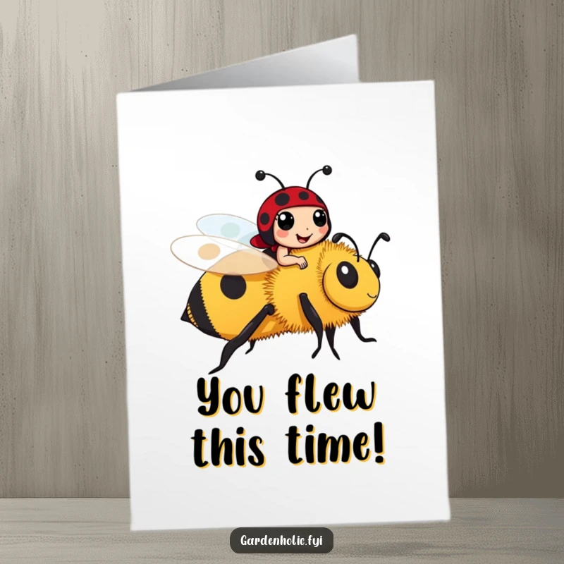 Funny Free Printable Ladybug Congratulations Card: Happy ladybug on a bee, celebrating success. Unique downloadable card for any occasion.