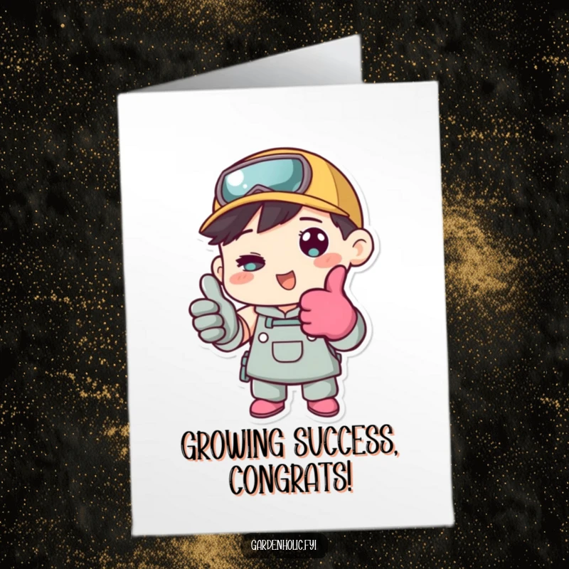 Funny Free Printable Congratulations Card with a character wearing gardening gloves and giving a big thumbs up.