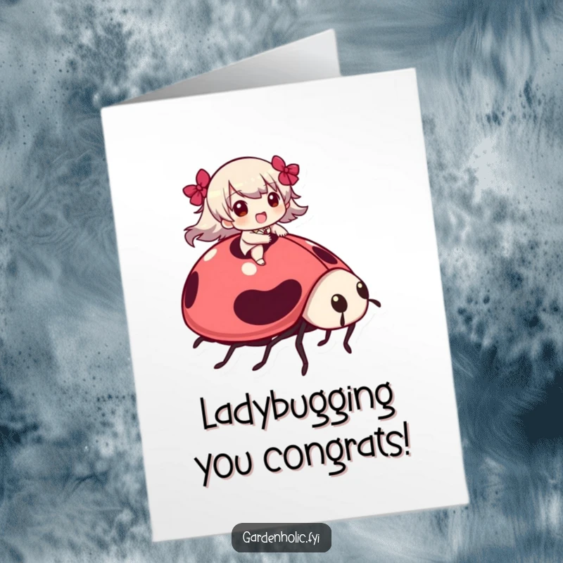 Funny Free Printable Congrats Card: Character happily travels on the back of a giant ladybug, celebrating success in style.