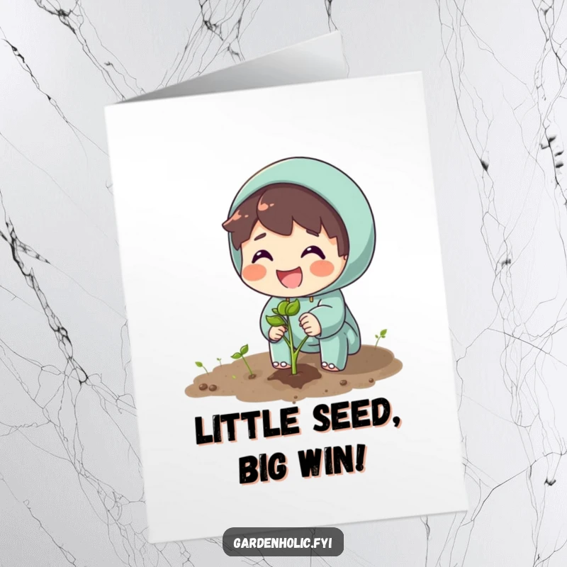 Funny Free Printable Congratulations Card: Character happily plants a seed, beaming at the start of something wonderful.