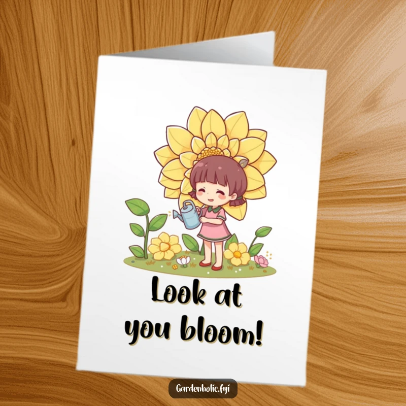 Funny Free Printable Congratulations Card: A character nurtures a giant flower with a tiny watering can, symbolizing success.