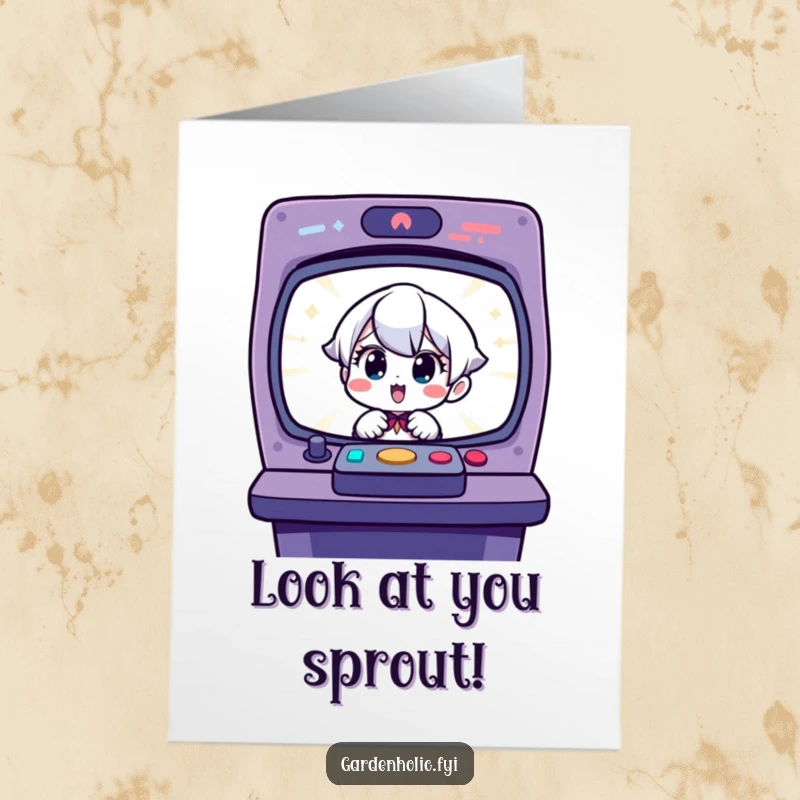 Funny free printable congratulations card with a charming character delighted by a sprouting seedling, celebrating growth and success.