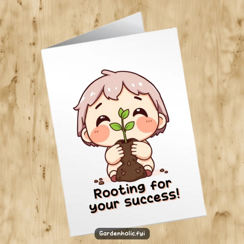 Funny free printable congratulations card featuring a character with a dirty face proudly presenting a tiny seedling, celebrating a new venture.