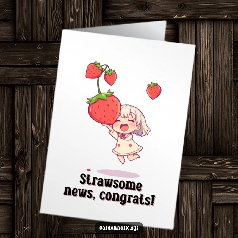 Funny Free Printable Congratulations Card featuring a character joyfully catching a huge strawberry, celebrating a great achievement.