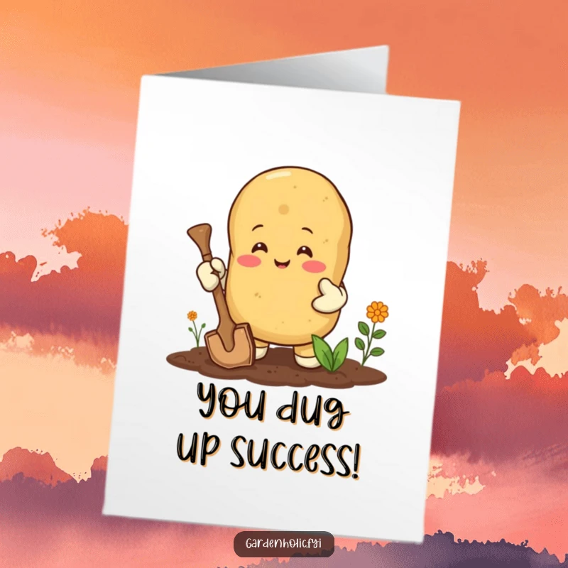 Funny Free Printable Congratulations Card: A happy potato wearing gardening gloves digs enthusiastically, cheering for success. DIY gift.