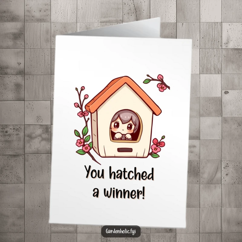 Funny Free Printable Congratulations Card: A character with a curious expression peeking into a tiny birdhouse, signifying new discoveries.