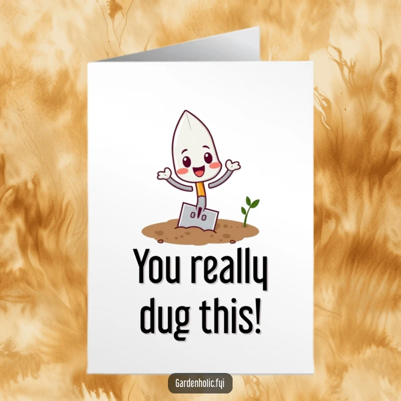 Funny Free Printable Trowel Congratulations Card: Energetic trowel flipping in soil, celebrating achievements. Downloadable and humorous.