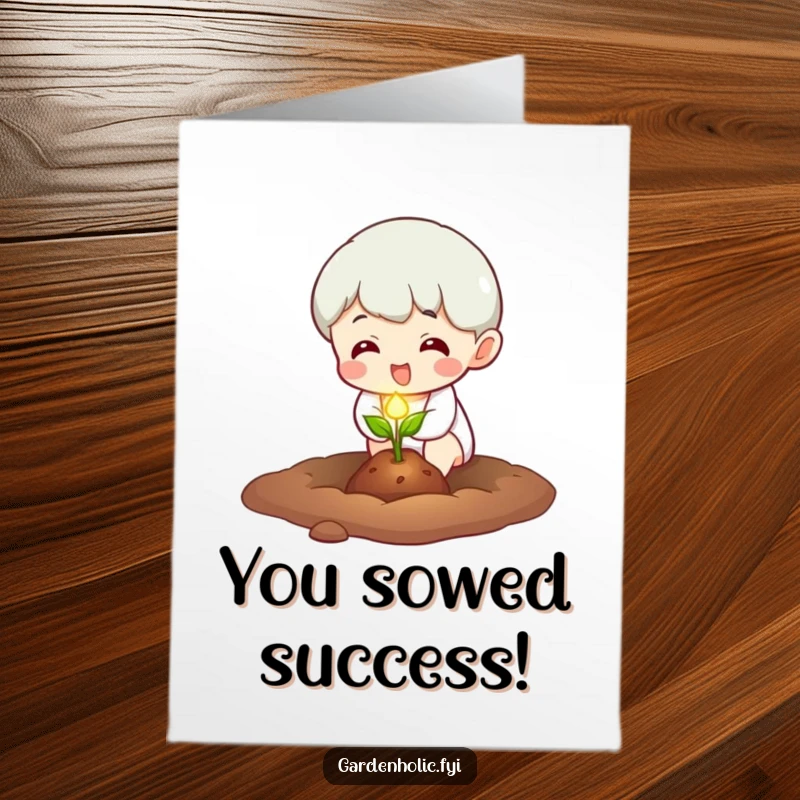Funny Free Printable Congratulations Card with a character planting a tiny, glowing seed, celebrating new growth and success.