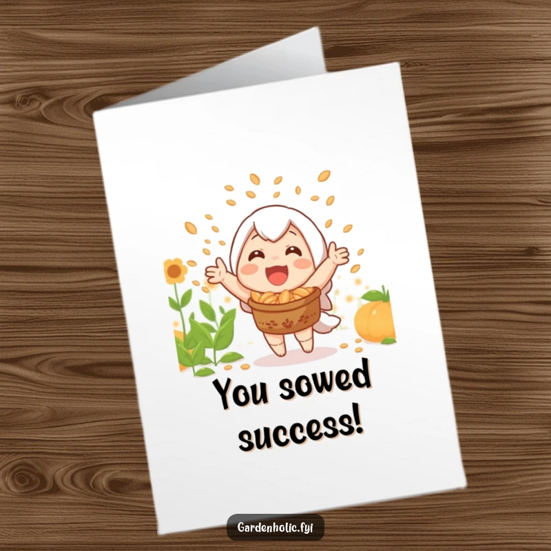 Funny Free Printable Congrats Card: Joyful character celebrating a bountiful harvest by showering seeds of success.