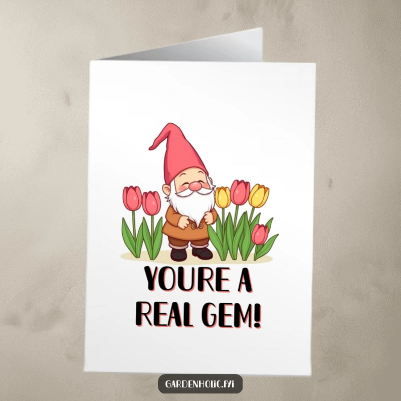 Funny Free Printable Gnome Congratulations Card: Happy gnome enjoying tulips, perfect for celebrating success. Downloadable and cheerful.