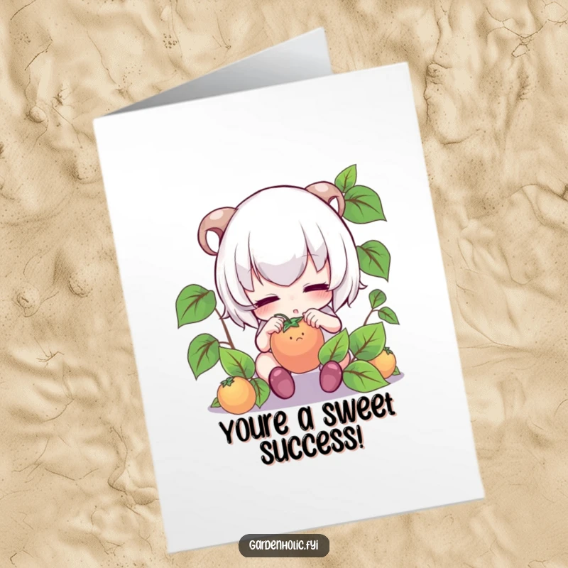 Funny free printable congratulations card with a cute, focused character gently tending a tiny fruit, celebrating successful efforts.