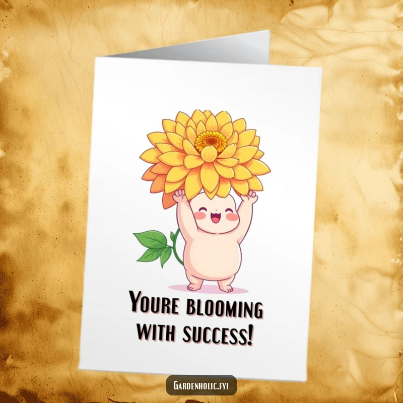 Funny Free Printable Congrats Card: Chubby character joyfully holding up a giant, vibrant flower, representing a major accomplishment.