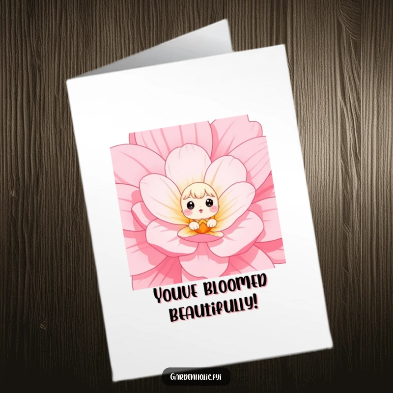 Funny Free Printable Congratulations Card of a small character peeking out from a giant flower bloom with wide, amazed eyes.