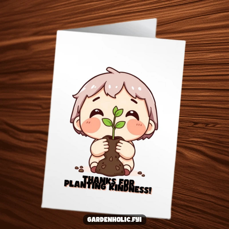 Funny free printable thank you card of a dirt-covered character proudly displaying a small seedling, representing gratitude for nurturing support.