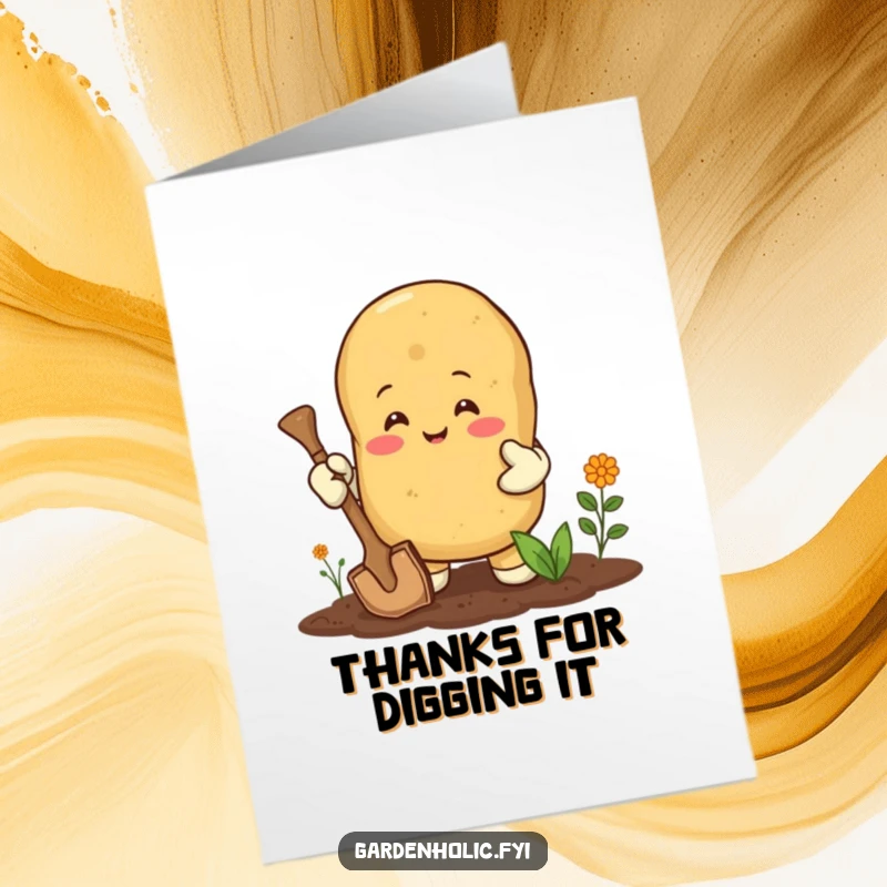 Funny Free Printable Thank You Card: A happy potato wearing gardening gloves digs enthusiastically, offering thanks. Downloadable gift.