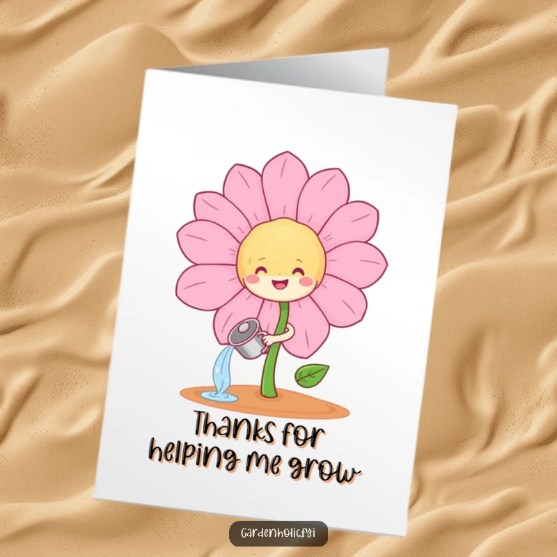 Funny Free Printable Sprout Thank You Card: Joyful sprout tending to a smiling flower, a sweet way to say thanks. Downloadable delight.