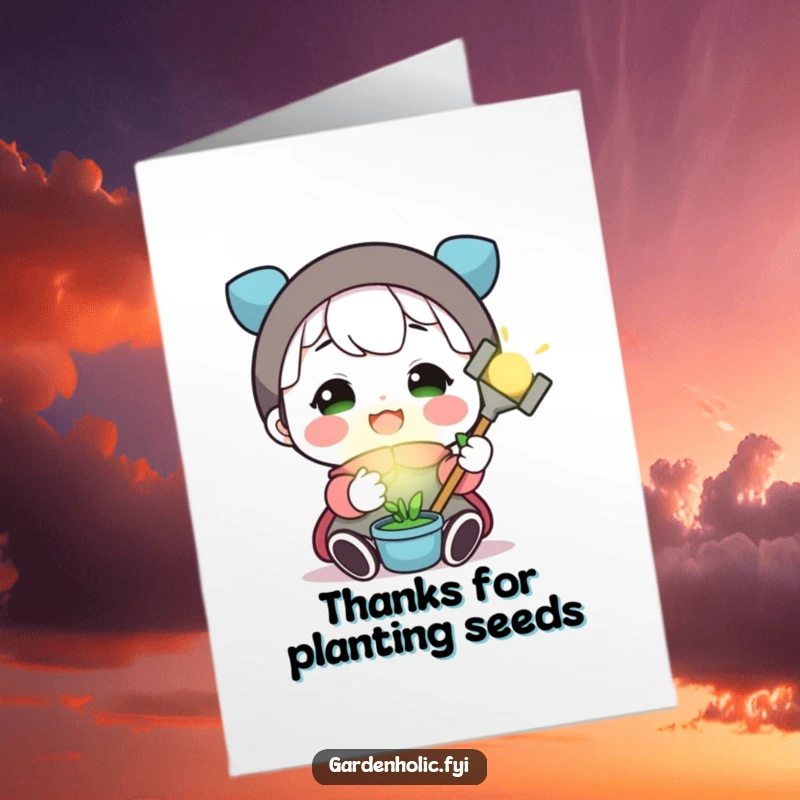 Funny free printable thank you card: A joyful gnome gardener clutches a tiny glowing tool, expressing thanks with a big grin.
