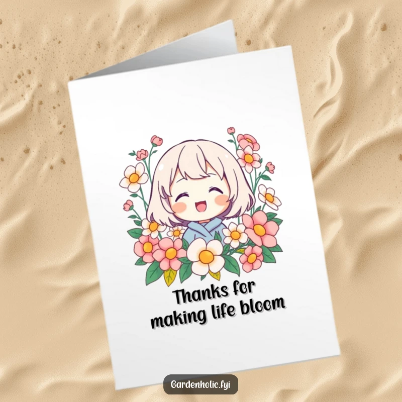 Funny Free Printable Thank You Card: Character smiling happily surrounded by colorful blooming flowers, expressing thanks.