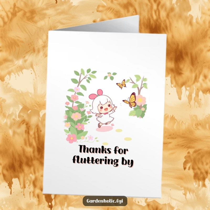 Funny Free Printable Thank You Card: Character joyfully chases a butterfly, representing thanks and lightness.