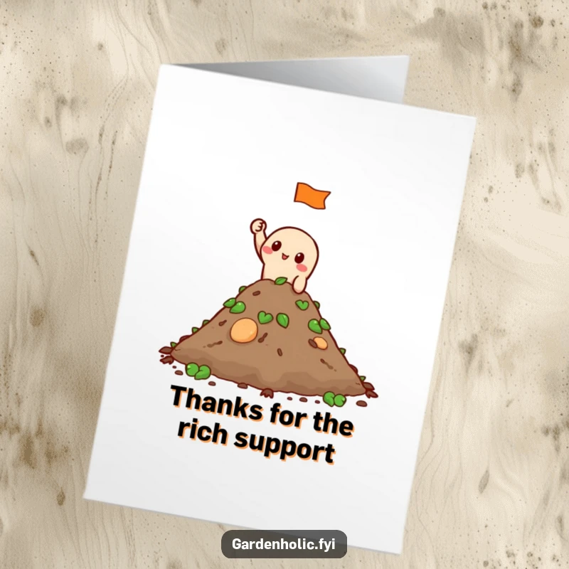 Funny Free Printable Thank You Card: Character waves a tiny flag triumphantly from a pile of compost, expressing thanks.
