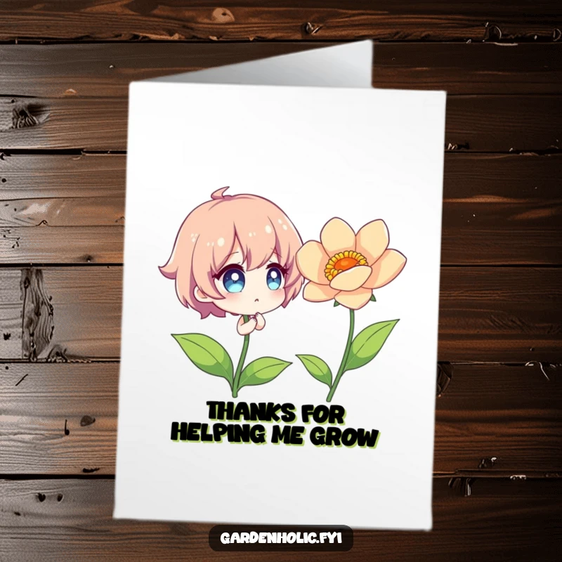 Funny Free Printable Thank You Card: Character admiring a vibrant flower, appreciation, downloadable gift for nature lovers.