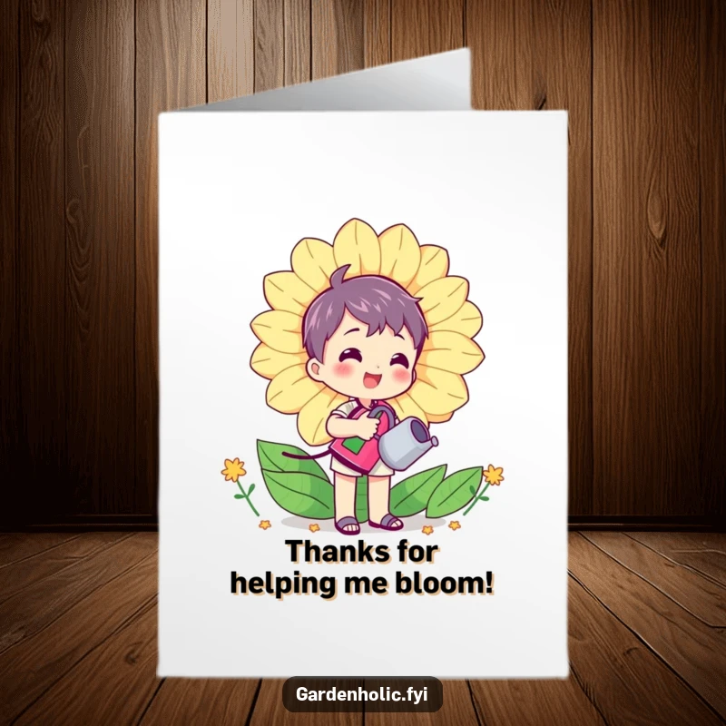 Funny Free Printable thank you card of a character watering a large, smiling flower, symbolizing growing thanks.