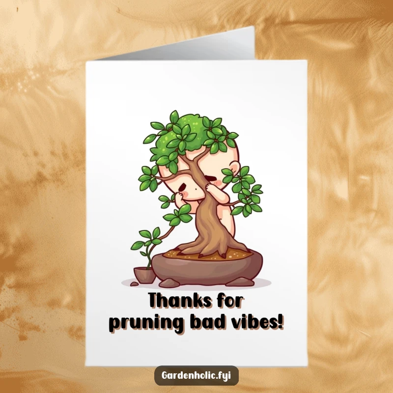 Funny Free Printable Thank You Card: Playful character intently pruning a miniature bonsai tree, a symbol of thoughtful care.