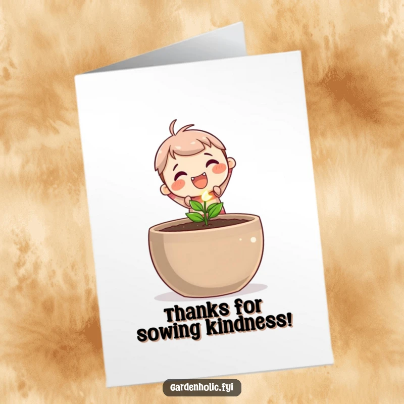 Funny Free Printable thank you card featuring a cute character planting a sparkling seed, symbolizing gratitude and growth.