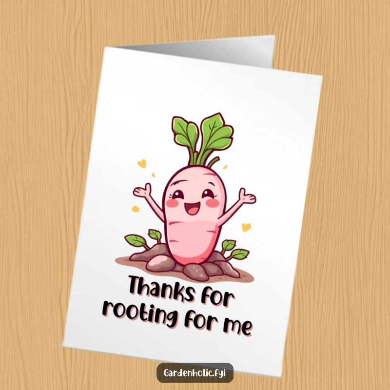 Funny Free Printable Thank You Card: Happy radish character bursting excitedly from the soil. DIY gift.