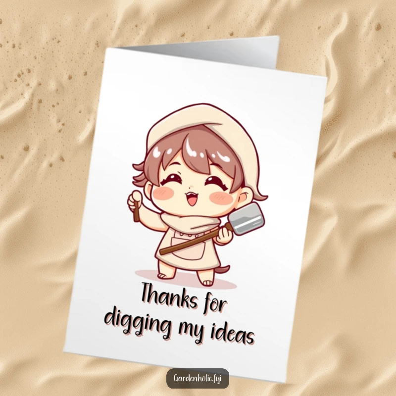 Funny Free Printable Thank You Card: Character strikes a witty pose with a shiny trowel, offering thanks with a smile.